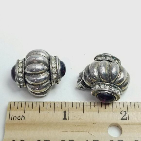 Vintage Silver Tone Fluted Clip On Earrings with Side Dark Red Cabochons, Signed - Picture 7 of 9
